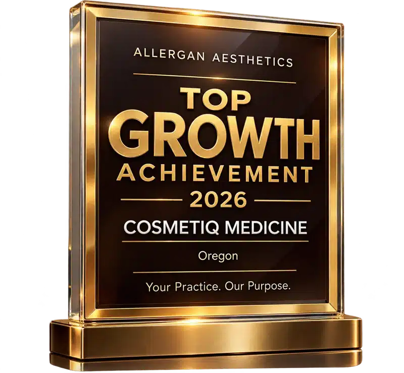 Allergan Aesthetics Top Growth Achievement 2026 award plaque presented to Cosmetiq Medicine, Oregon