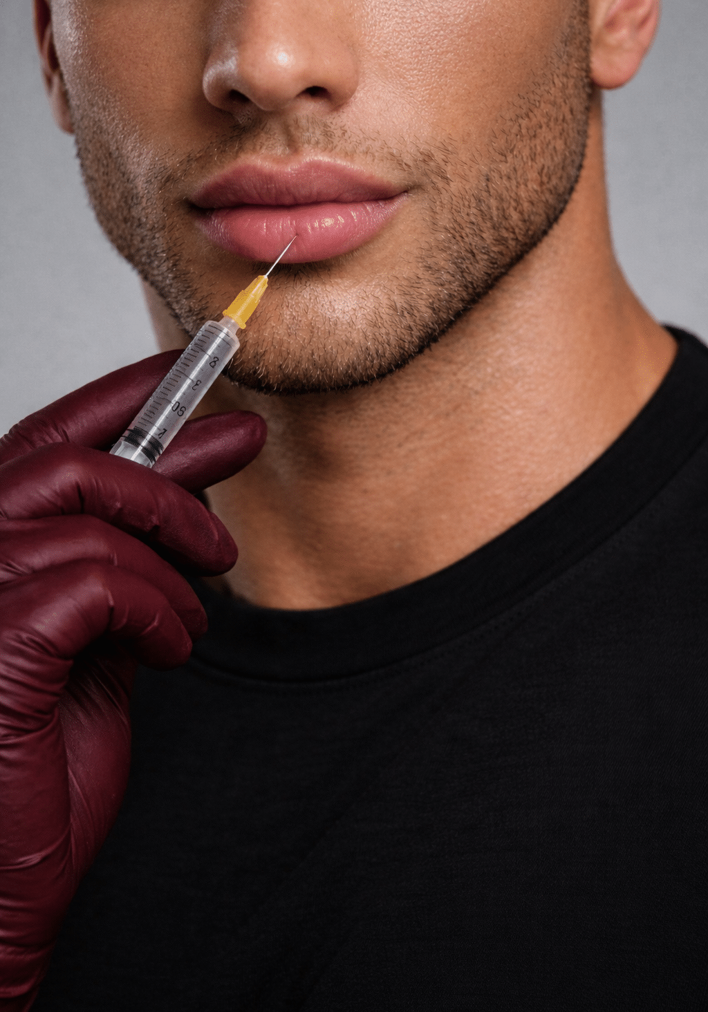 Male lip filler treatment with dark maroon gloves and black shirt in a high-end aesthetic clinic setting | Cosmetiq Medicine