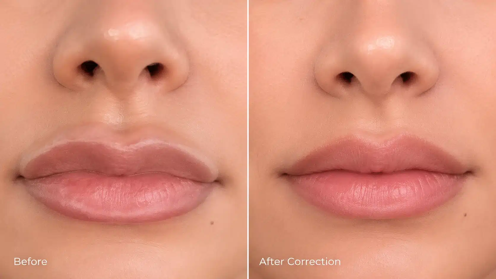Before and after results from lip filler migration correction at Cosmetiq Medicine