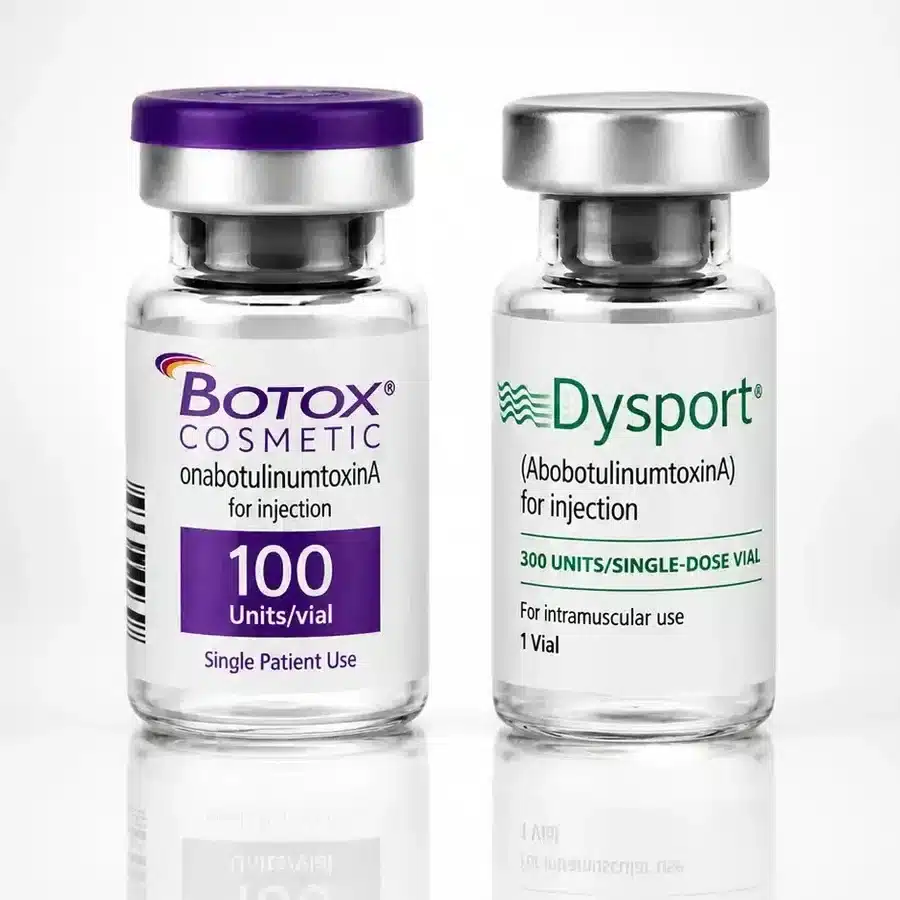Botox Cosmetic and Dysport vials, the neuromodulators priced per unit for Glow and Elite members