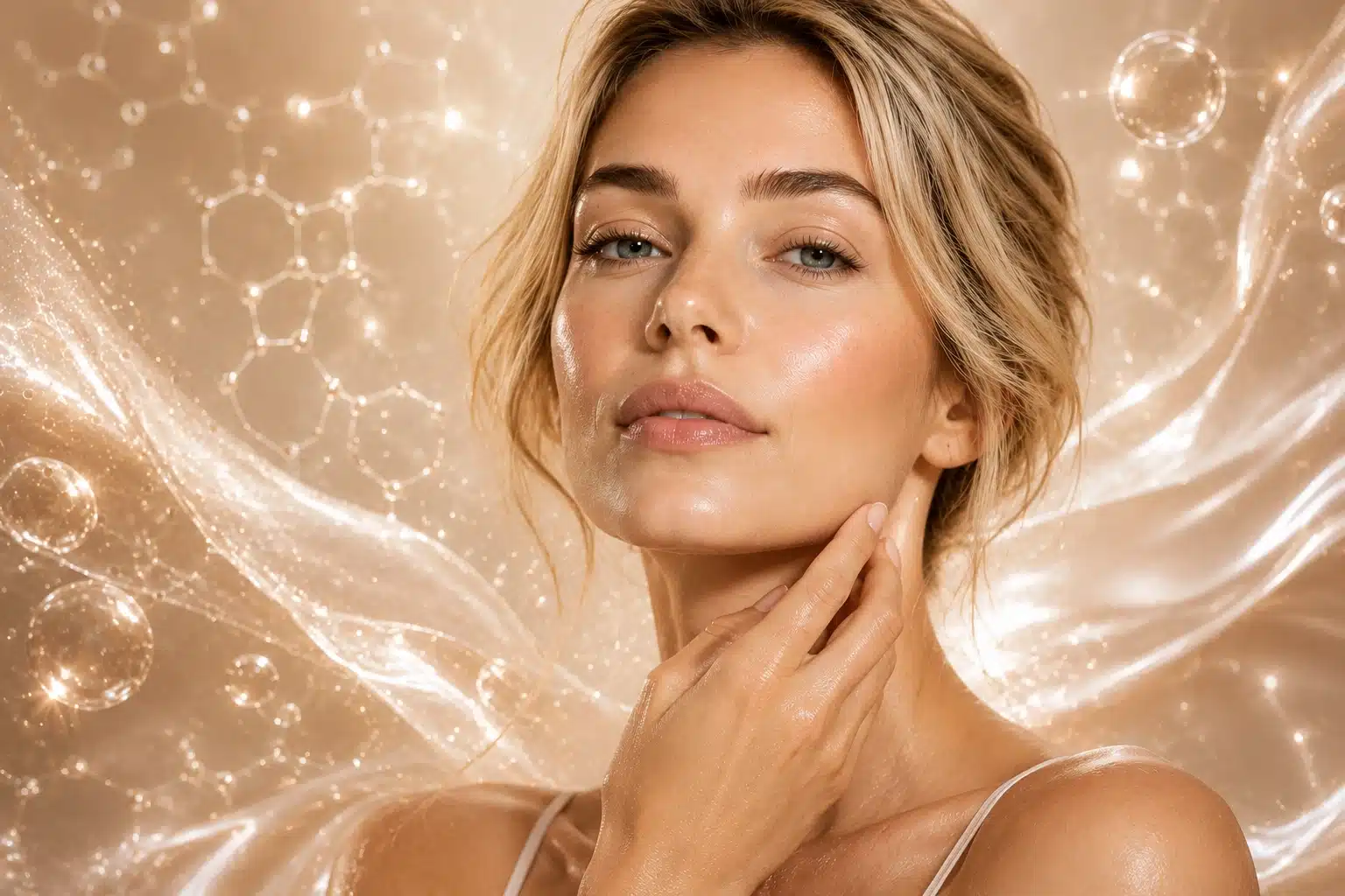 Woman with smooth, resilient-looking skin across the jawline and neck, illustrating the goals of Cosmetiq Cellular Rebirth face and neck rejuvenation in Portland and Vancouver
