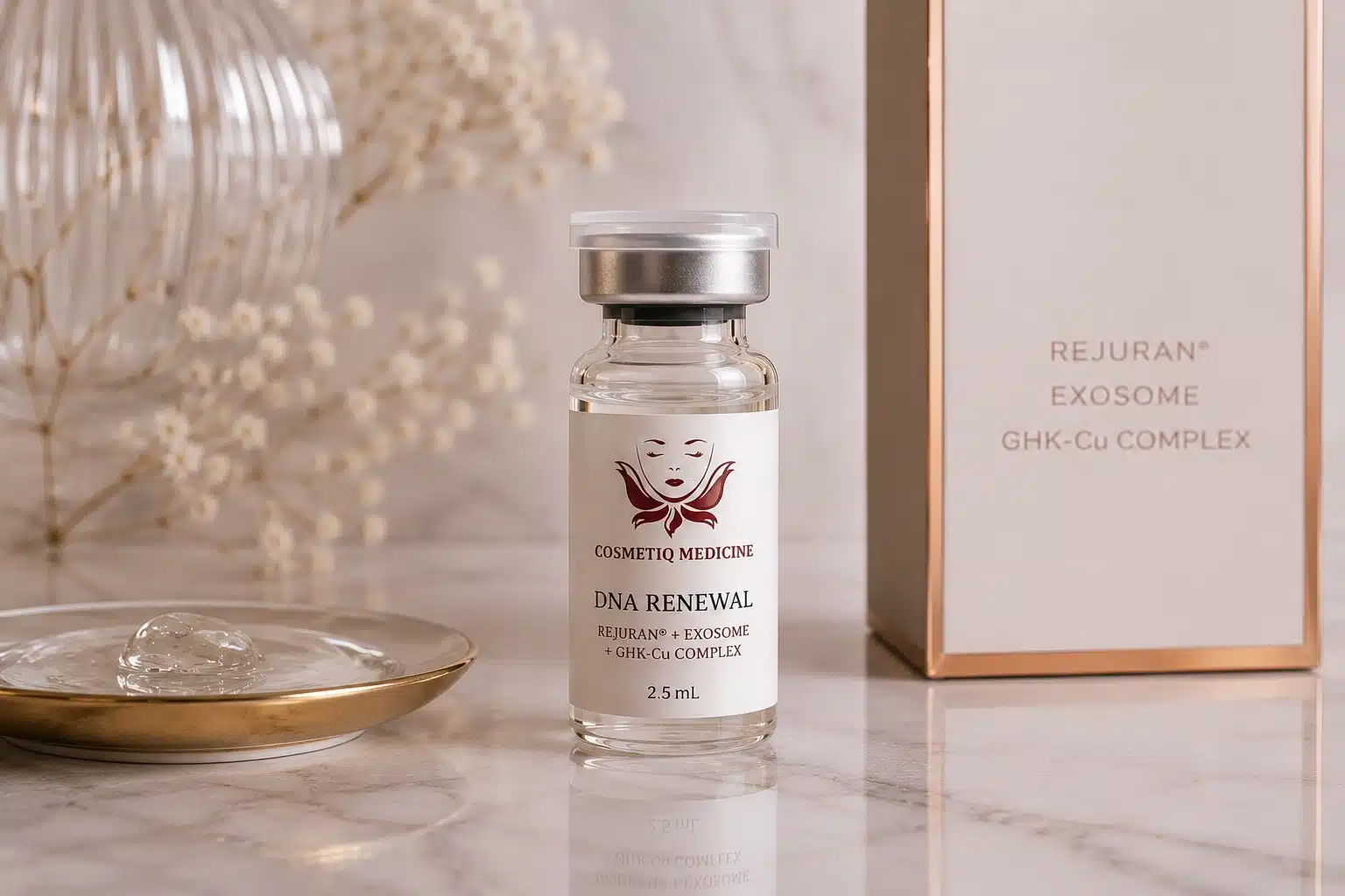 Cosmetiq DNA Renewal treatment vial labeled REJURAN plus exosome plus GHK-Cu complex, used for skin-quality treatments in Portland and Vancouver