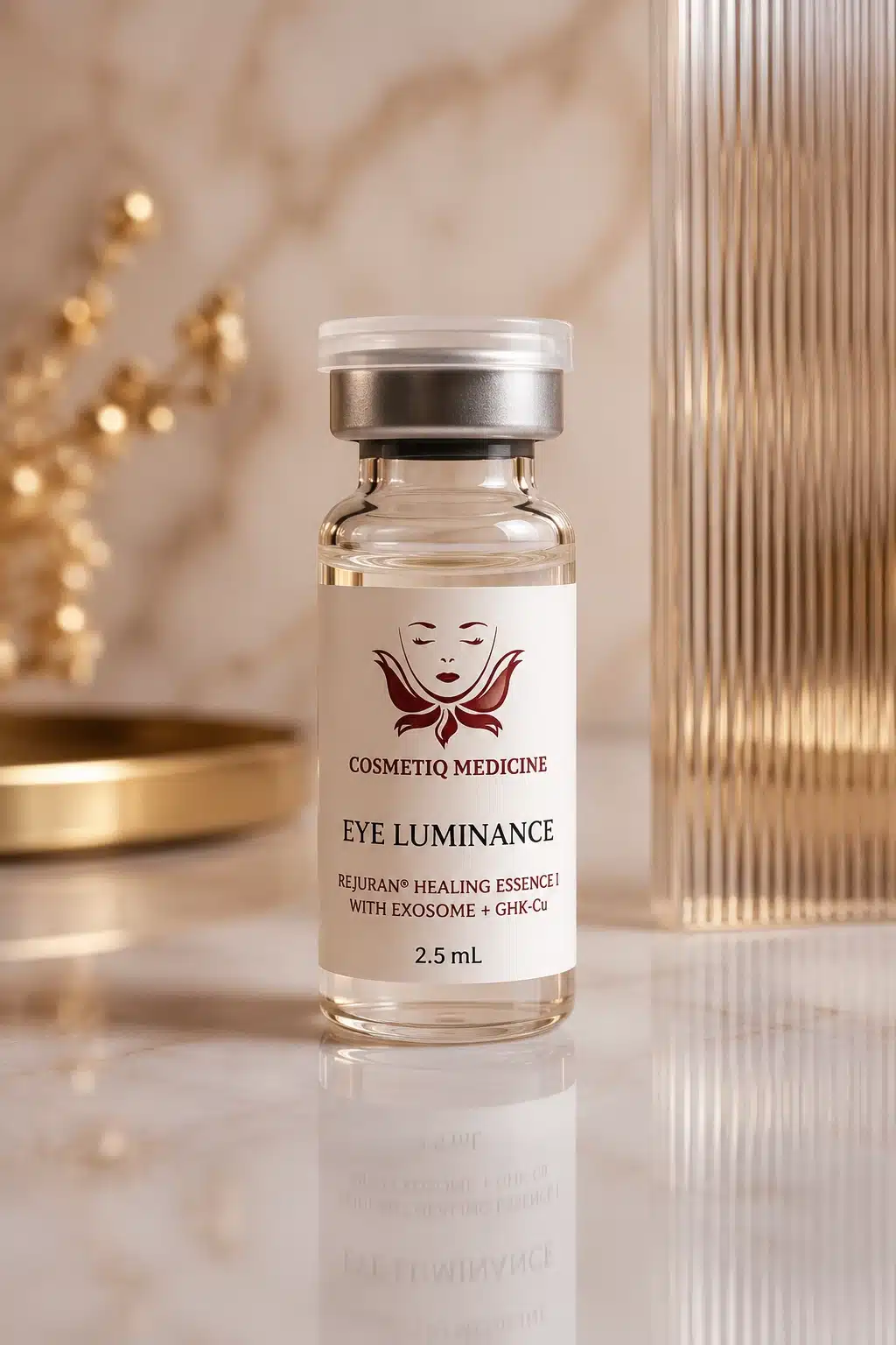 Cosmetiq Eye Luminance treatment vial labeled REJURAN Healing Essence I with exosome and GHK-Cu, used for under-eye skin-quality treatments in Portland and Vancouver
