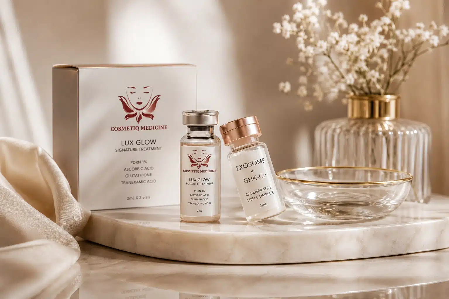 Cosmetiq Lux Glow treatment vials showing PDRN, ascorbic acid, glutathione and tranexamic acid alongside an exosome plus GHK-Cu regenerative skin complex, used for dark spot and melasma treatment in Portland and Vancouver