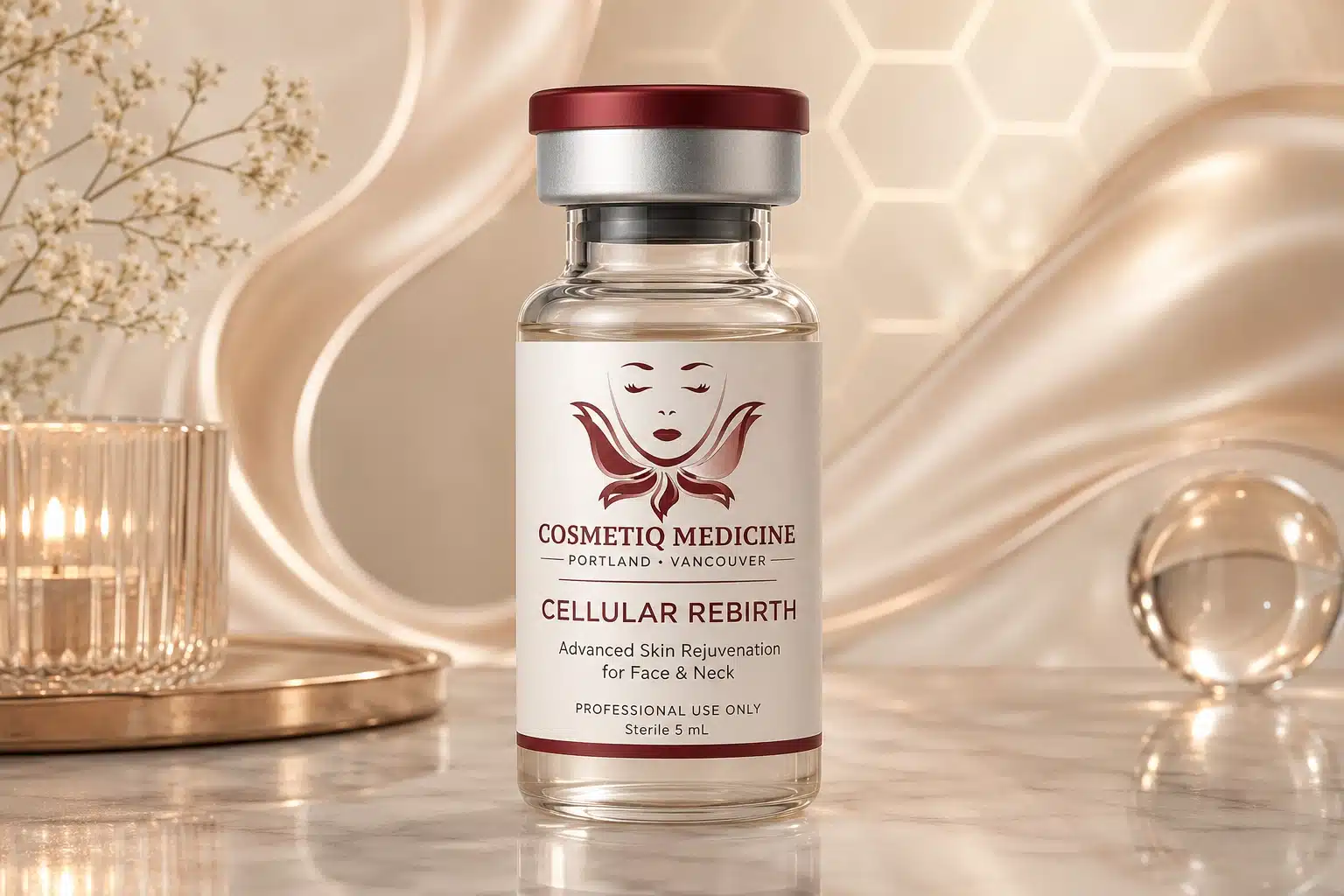 Cosmetiq Medicine Cellular Rebirth treatment vial labeled advanced skin rejuvenation for face and neck, used for crepey skin and mature skin treatments in Portland and Vancouver