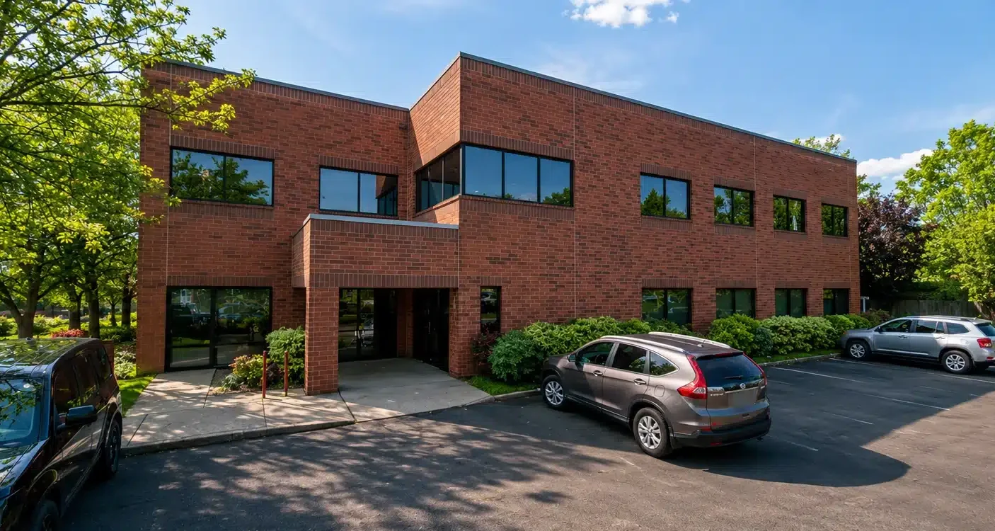 Exterior of the Cosmetiq Medicine med spa building at 10735 SE Stark St, Suite 206 in Portland, Oregon