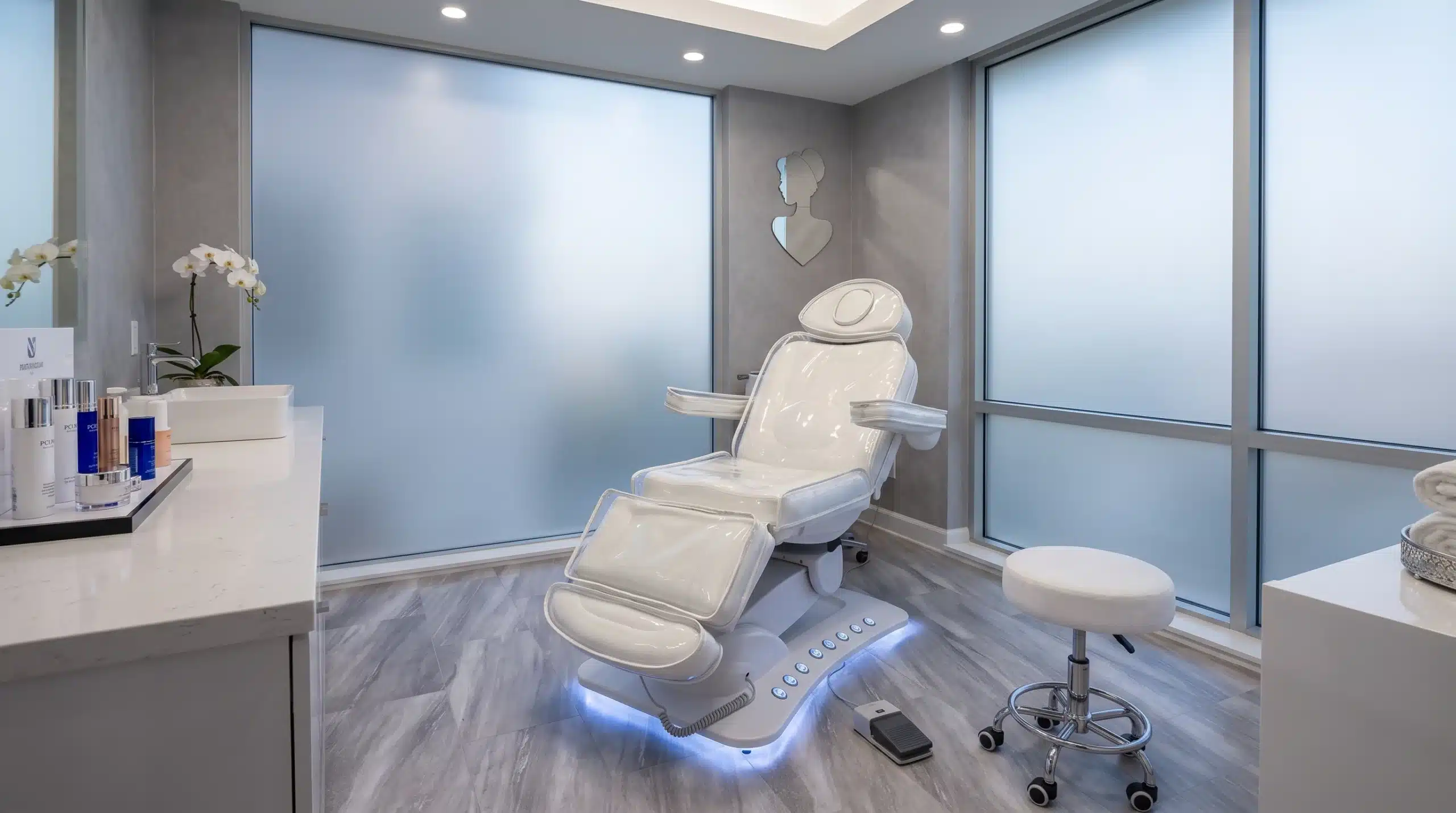 Private treatment room with a white treatment chair at Cosmetiq Medicine med spa