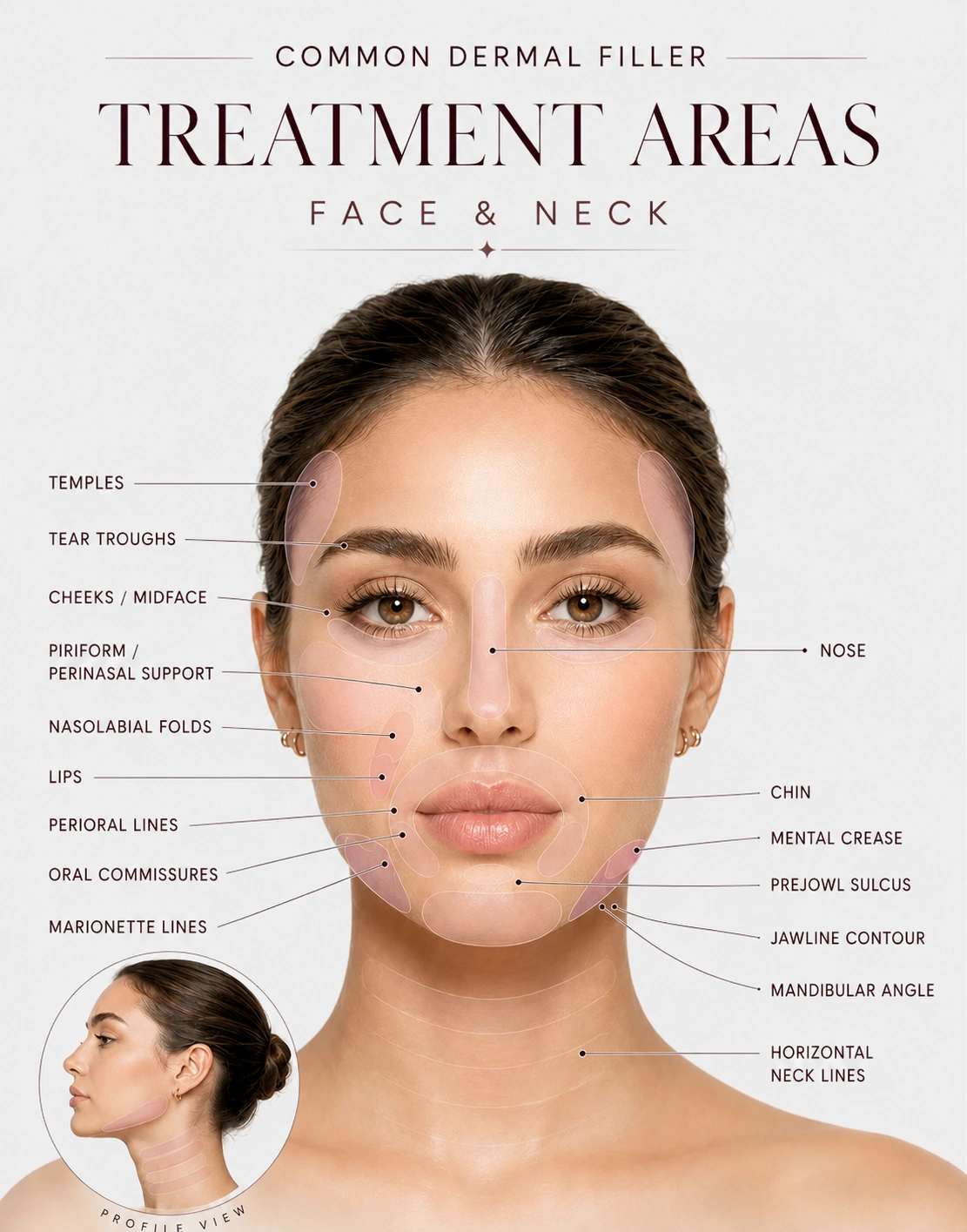 Map of common dermal filler treatment areas of the face and neck at Cosmetiq Medicine in Vancouver, WA