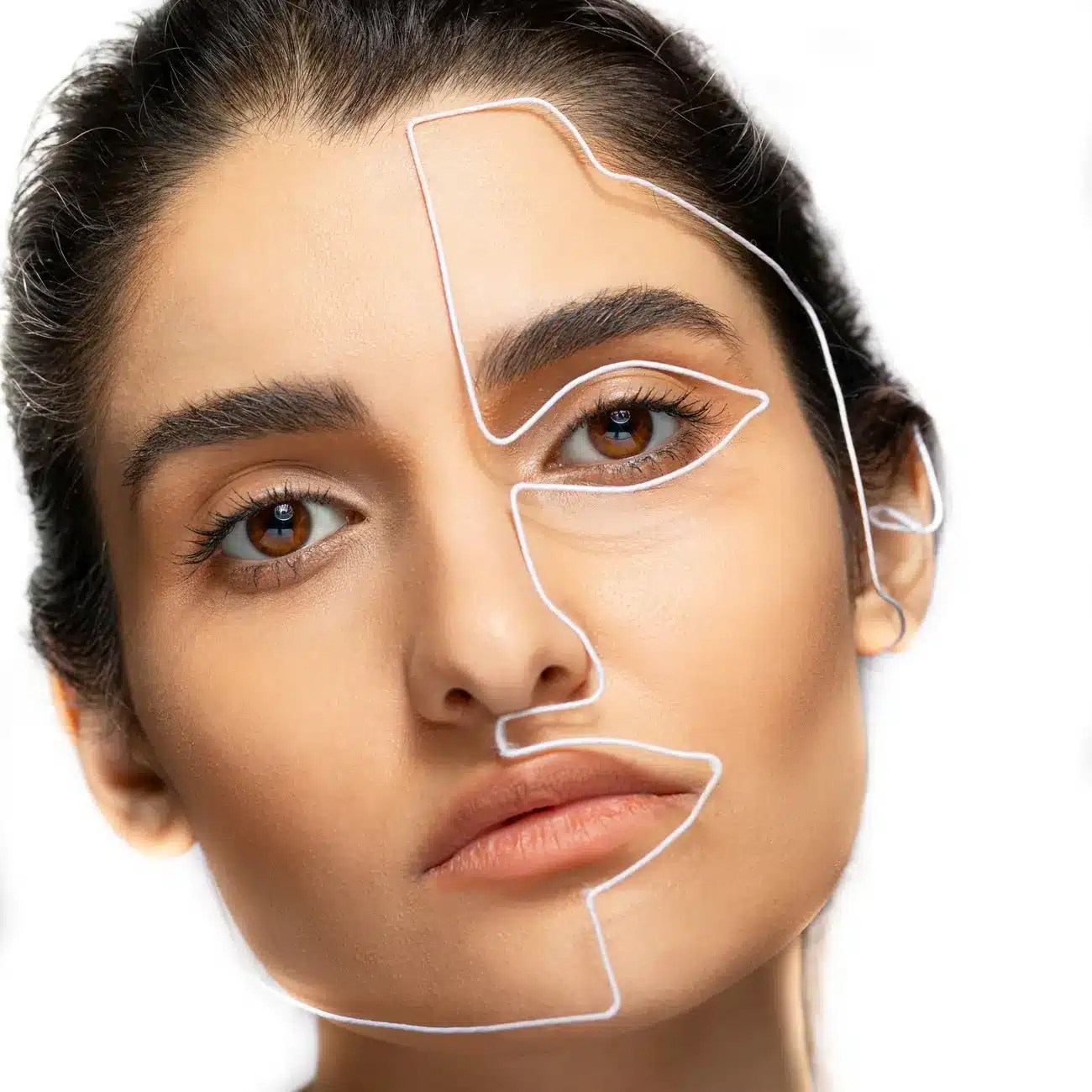 Facial mapping lines drawn on a woman's face, the kind of planning used to match treatments to each area