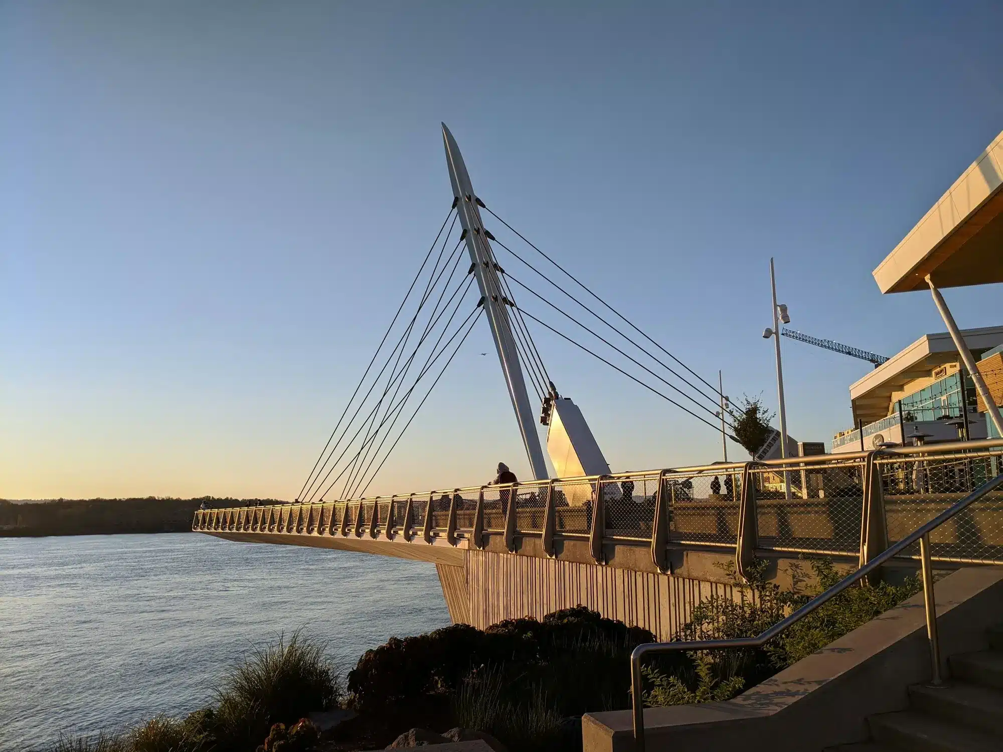 Grant Street Pier reaching over the Columbia River on the Vancouver, WA waterfront at golden hour