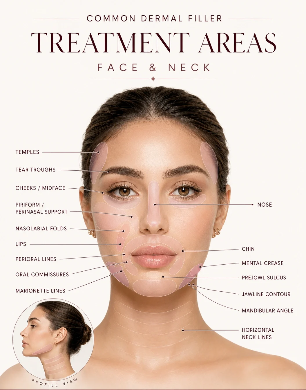 Map of common dermal filler injection areas of the face and neck at Cosmetiq Medicine in Portland Oregon