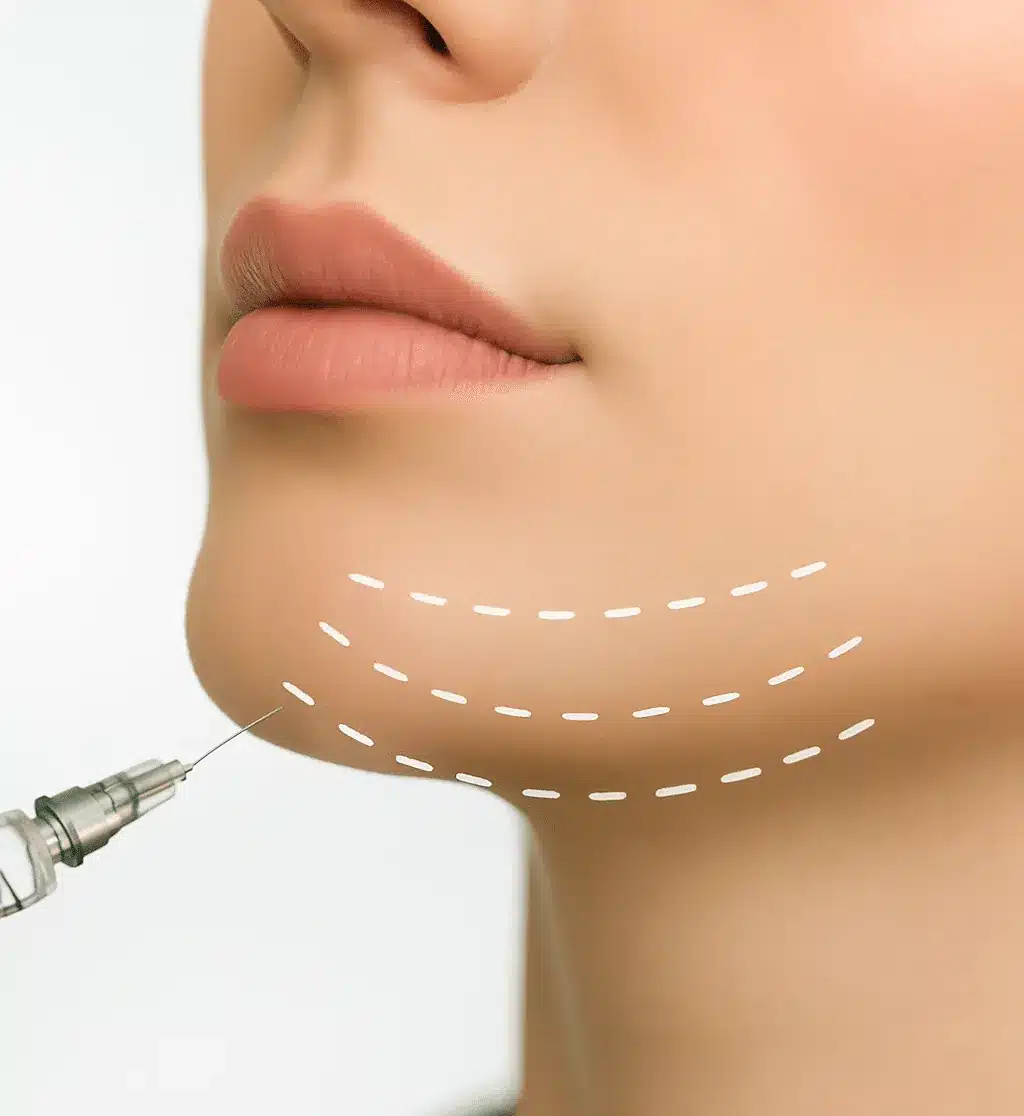Treatment guide lines drawn under the chin before a fat-reduction injection