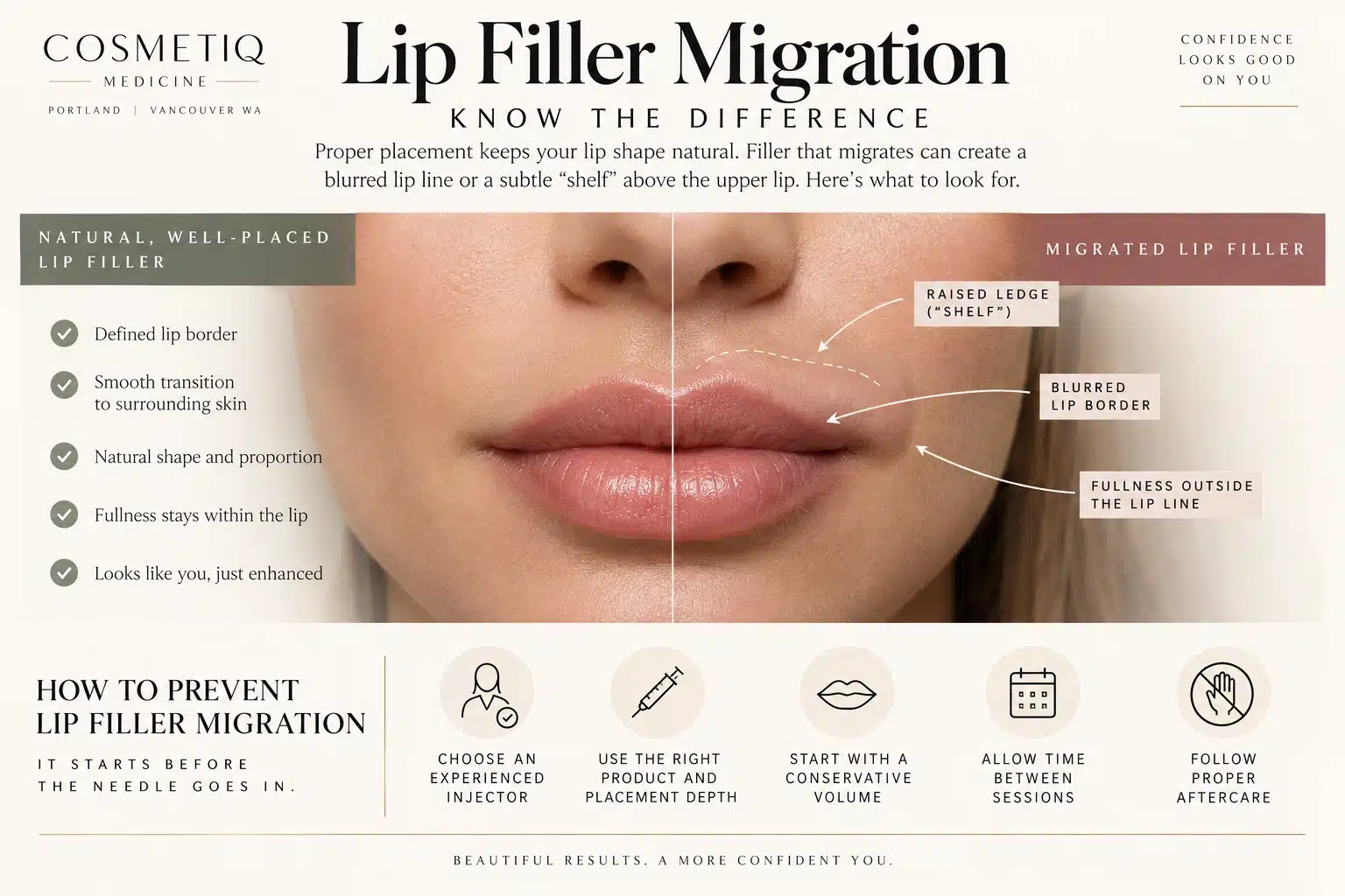 Side by side comparison of natural well placed lip filler with a defined lip border versus migrated lip filler showing a raised ledge above the upper lip, a blurred lip border, and fullness outside the lip line