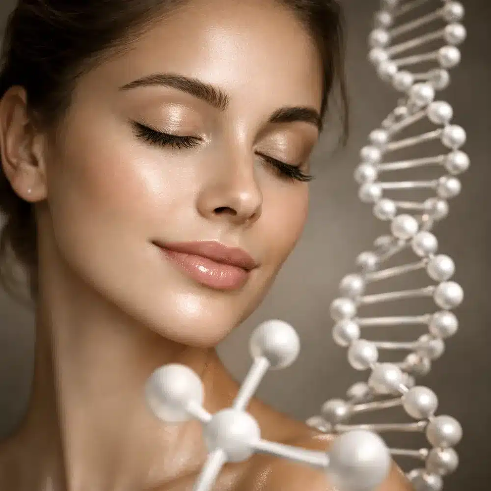 Glowing skin beside a DNA helix, representing salmon DNA and PDRN skin boosters