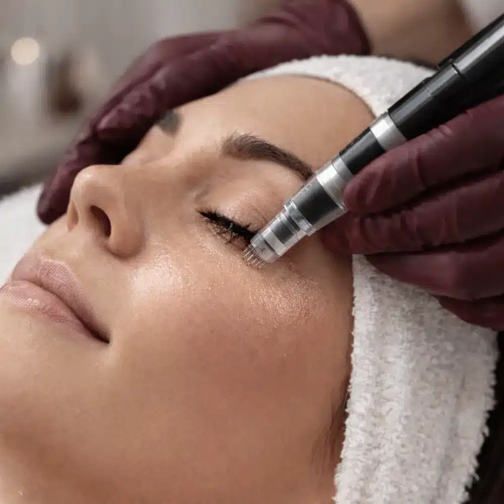 Microneedling pen refining skin texture around the eye area