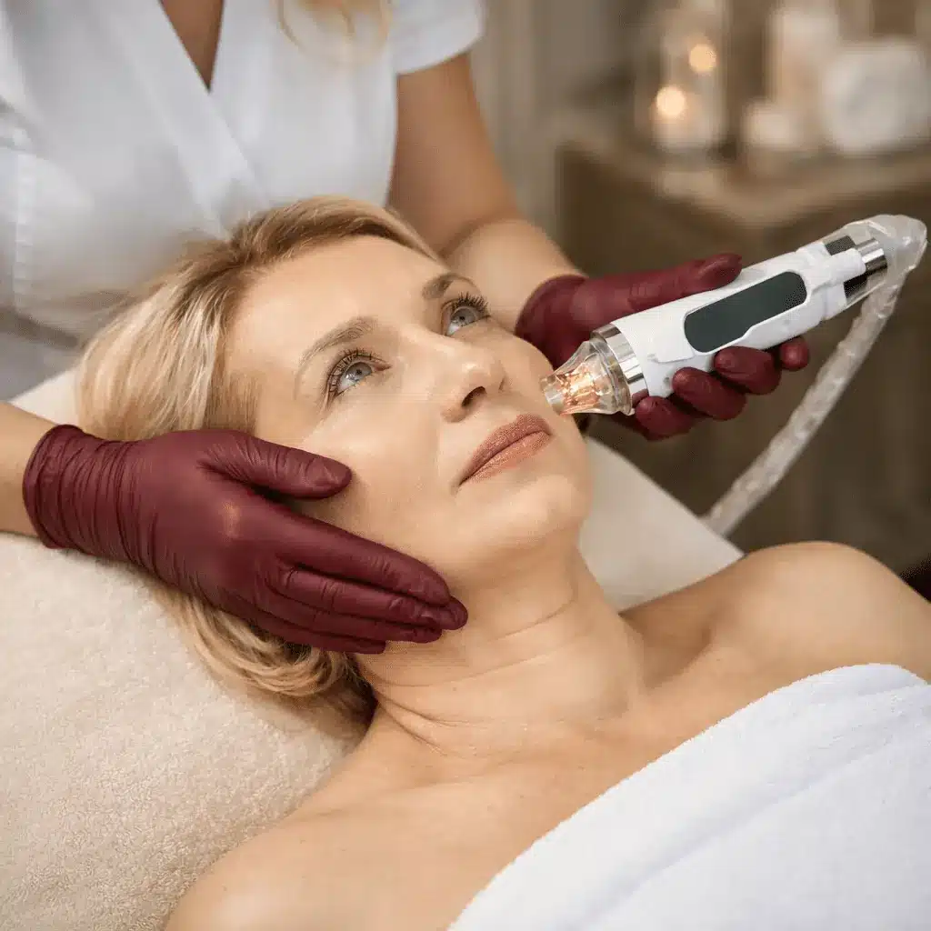 Potenza RF microneedling handpiece on the cheek during a treatment at our Portland clinic