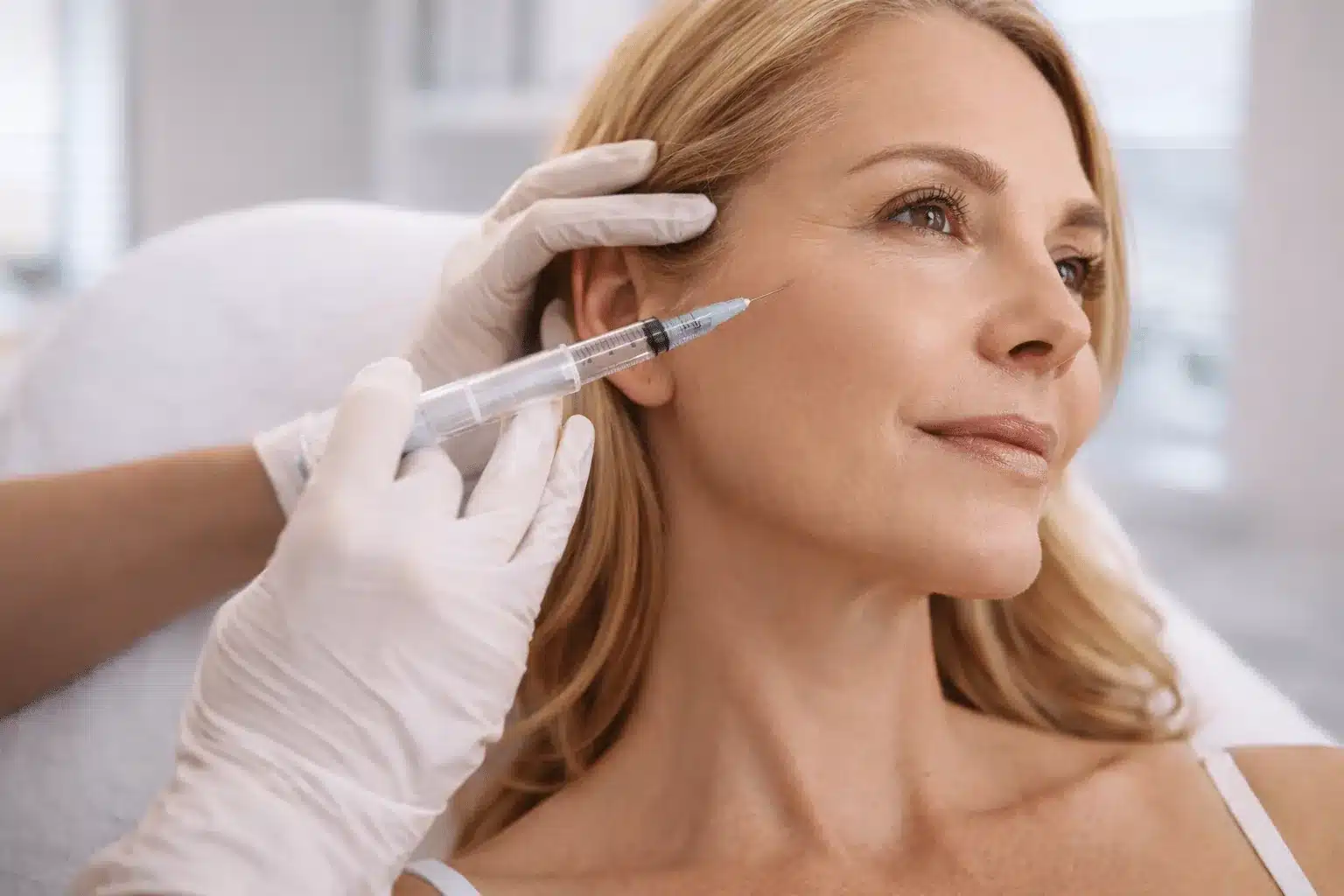 Radiesse injection near the temple, collagen biostimulator treatment in Portland