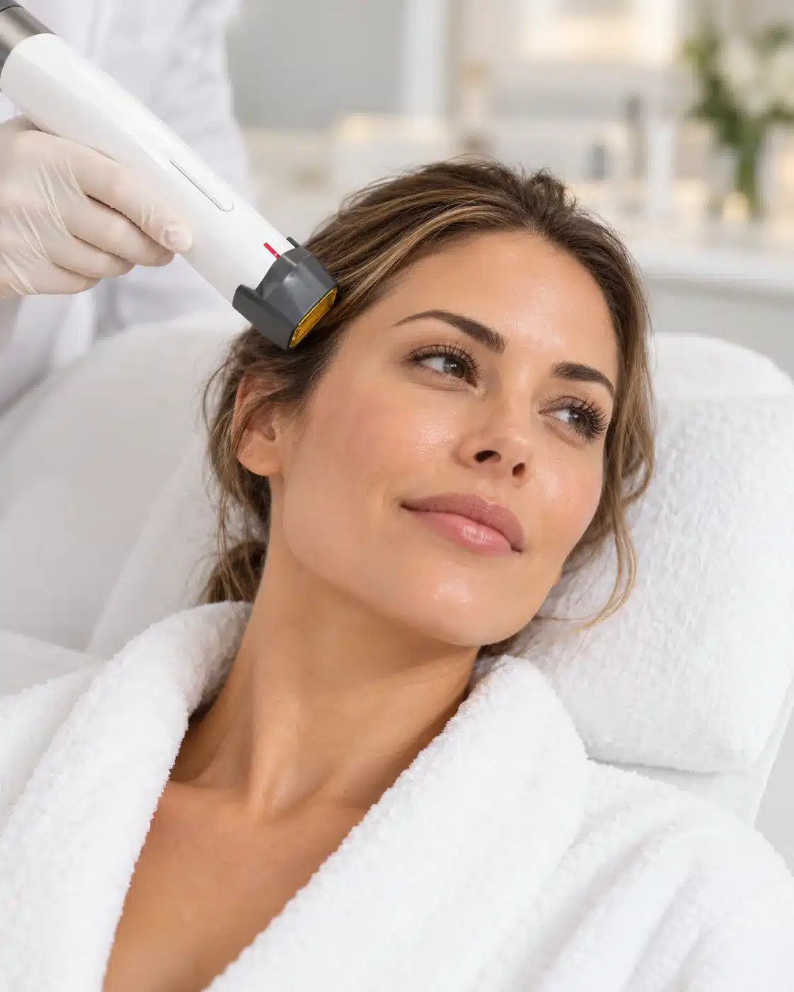 Woman relaxing during a radiofrequency skin tightening treatment for facial wrinkles and loose skin at Cosmetiq Medicine, serving Portland, OR and Vancouver, WA