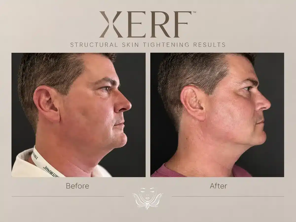 XERF skin tightening before and after, side profile of a man's jawline and neck