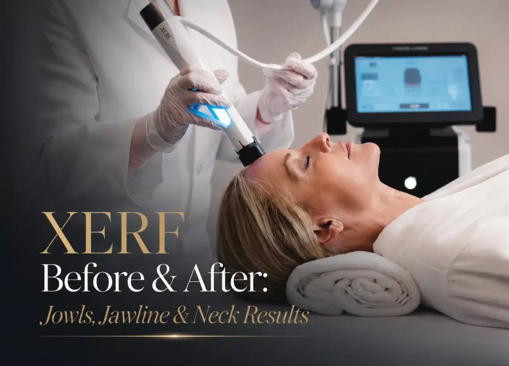 XERF before and after showing tighter jowls, a sharper jawline and improved neck contour after non-surgical RF skin tightening in Vancouver WA near Portland OR