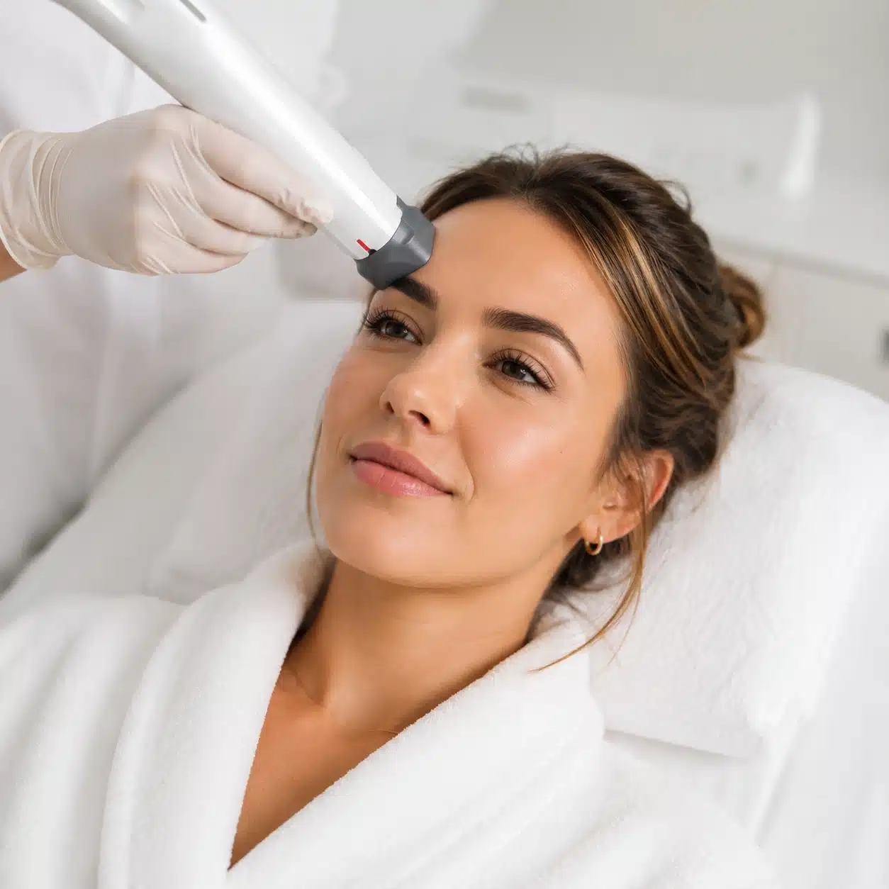Woman receiving XERF skin tightening treatment in Vancouver WA at Cosmetiq Medicine, serving Portland Oregon and Clark County